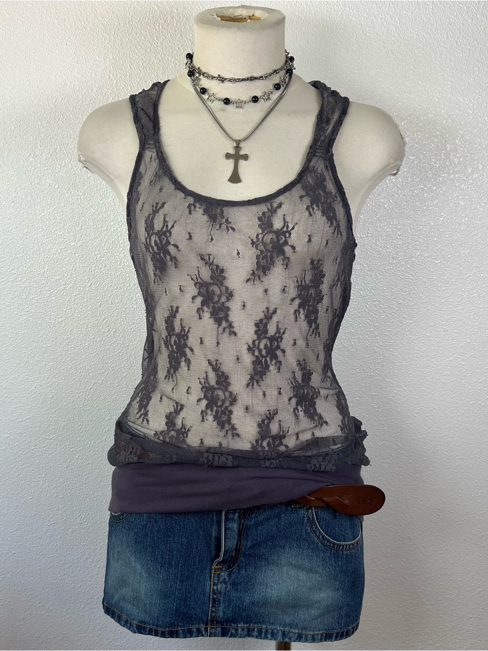 Y2K Sheer Lace Tank Top - Charcoal Gray